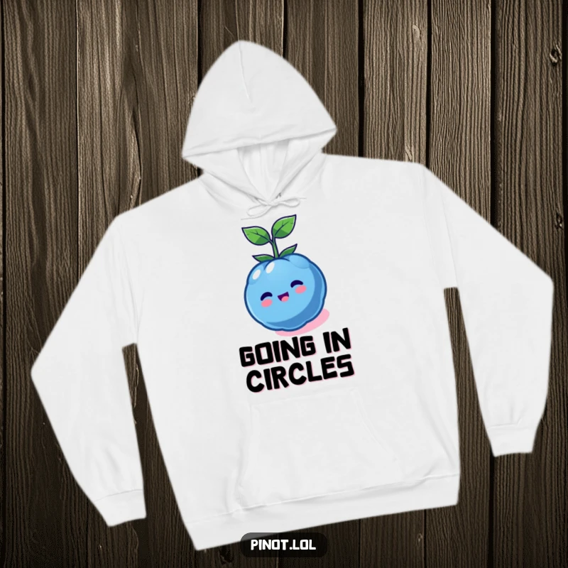 Funny kawaii blueberry character hoodie, spinning with delight, offering warm and humorous comfort for active souls.