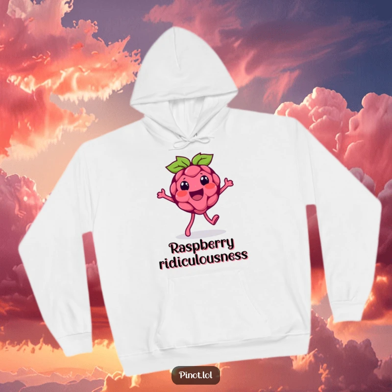 Funny hoodie adorned with a beaming raspberry character in a silly walk, tiny feet in motion, exuding comfort and a playful, humorous vibe.