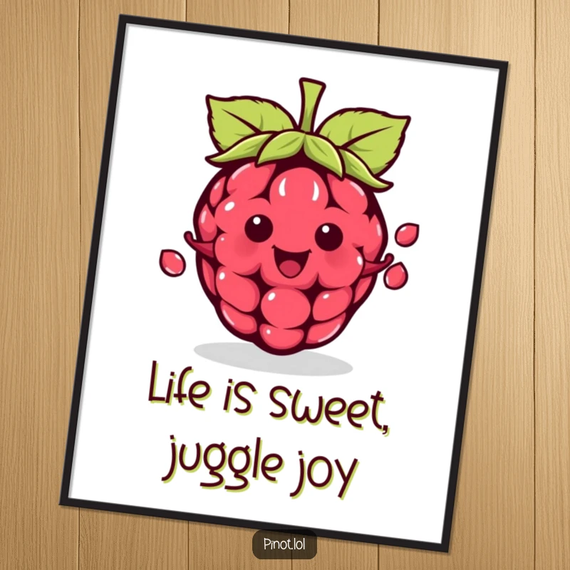 Funny Free Printable Wall Art: A happy kawaii raspberry juggling three tiny seeds with a cheerful demeanor.