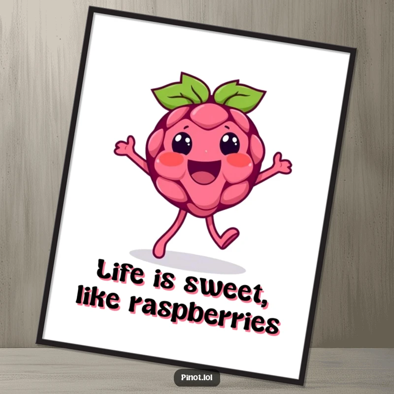 Funny Free Printable Wall Art: Beaming raspberry character with tiny feet doing a silly walk, humorous and playful wall art.