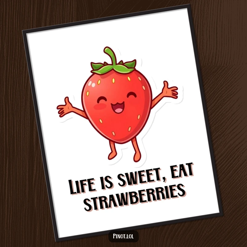 Funny Free Printable Wall Art: Cheesy strawberry character with arms outstretched, doing a happy dance, vibrant and funny decor.