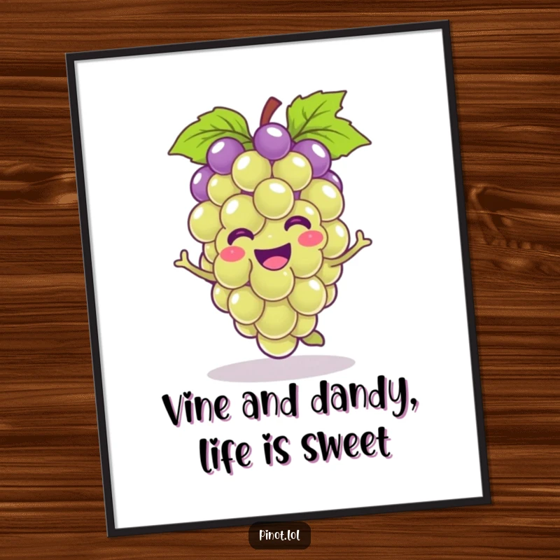 Funny Free Printable Wall Art: A smiling kawaii grape performing a happy little hop in vibrant colors.