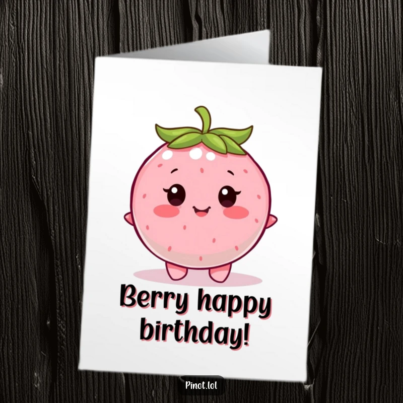 Funny Free Printable Birthday Card featuring a contented berry character wiggling happily, celebrating with joy.