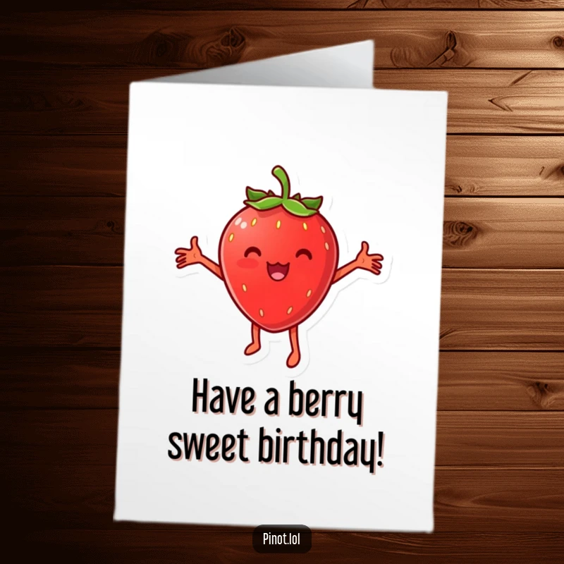 Funny Free Printable Birthday Card: Cheesy strawberry character with arms outstretched doing a happy dance for birthday wishes.