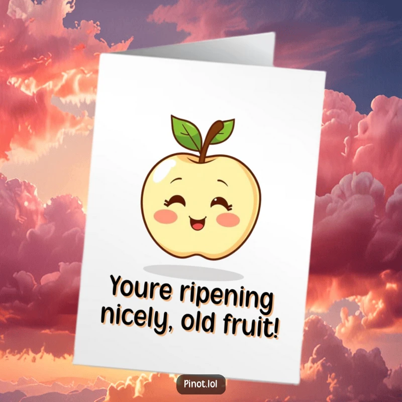 Funny Free Printable Birthday Card of a blushing apple character with simple eyes spinning excitedly with joy.
