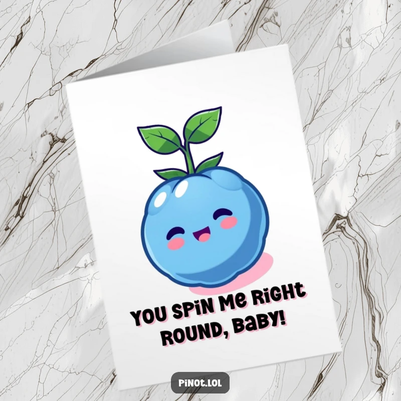 Funny Free Printable Birthday Card: A delightful kawaii blueberry spinning in a dizzy, happy circle.