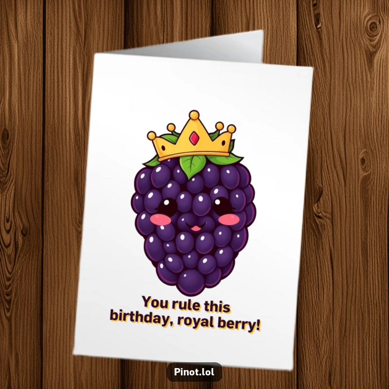 Funny Free Printable Birthday Card: A cheerful kawaii blackberry proudly wearing a tiny, sparkly crown.