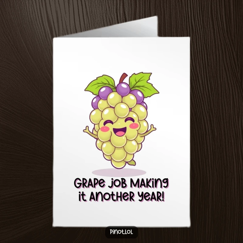 Funny Free Printable Birthday Card: A smiling kawaii grape doing a happy little hop and spreading cheer.