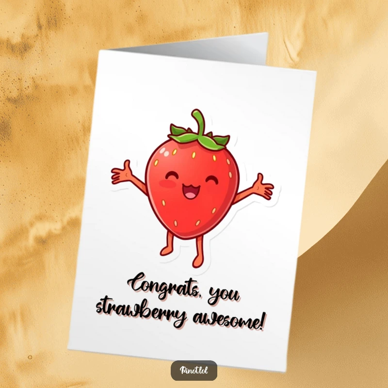 Funny Free Printable Congrats Card: Cheesy strawberry character with arms outstretched, doing a happy dance to congratulate.