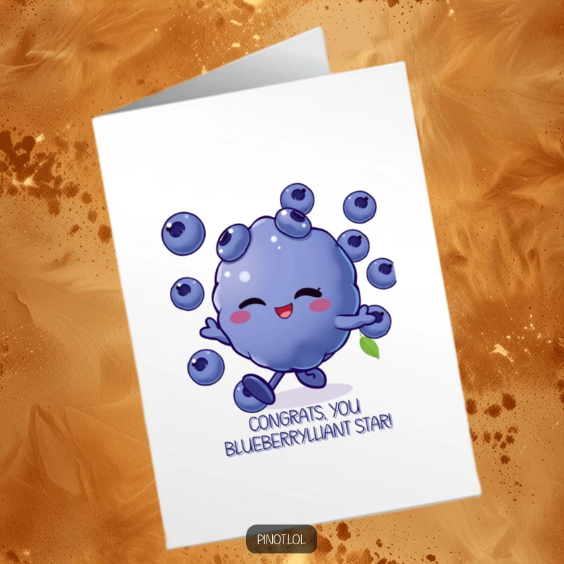 Funny Free Printable Congrats Card: Winking blueberry character skipping along with eyes and mouth visible, celebrating success.