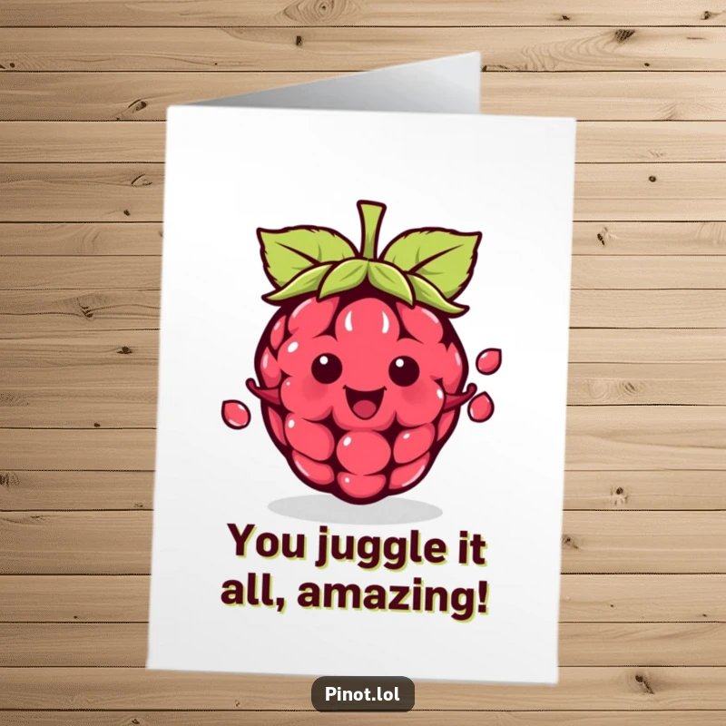 Funny Free Printable Congratulations Card: A happy kawaii raspberry expertly juggling seeds to celebrate achievement.