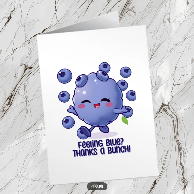 Funny Free Printable Thank You Card: Winking blueberry character skipping happily, expressing thanks with a playful vibe.
