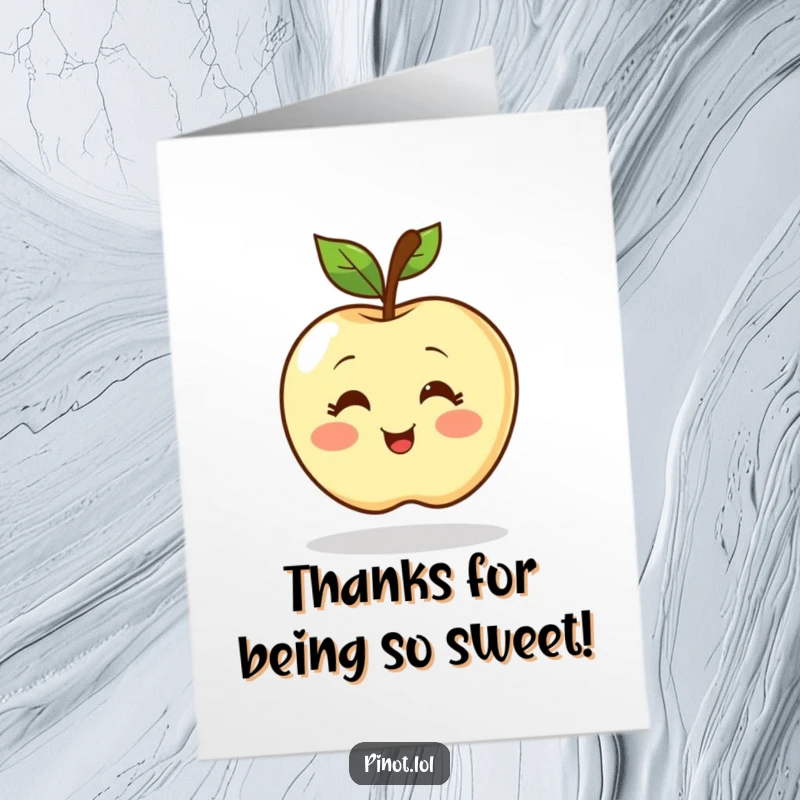 Funny Free Printable Thank You Card showing a blushing apple character doing a happy spin.