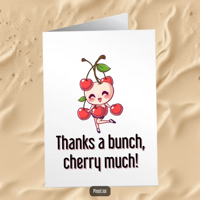 Funny Free Printable Thank You Card: Giggling cherries balancing on one foot, expressing thanks with a whimsical, funny style.