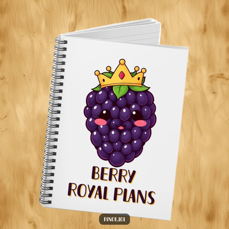 Funny kawaii blackberry character notebook, crowned and smiling, ideal for jotting down royal ideas and funny notes.