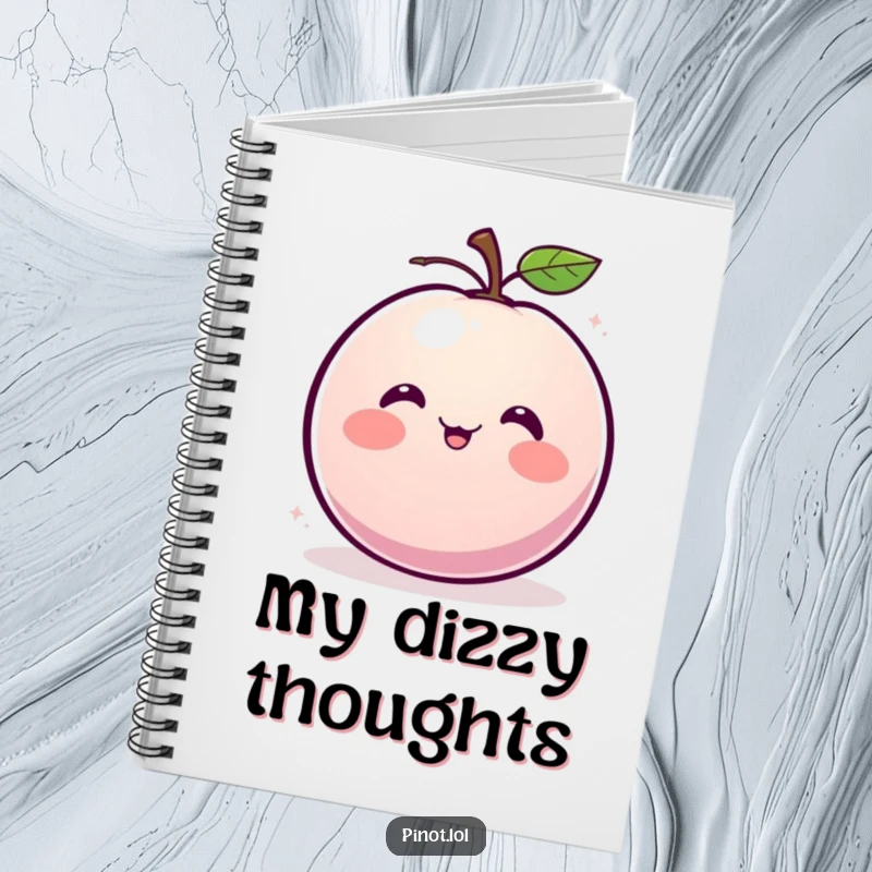 Funny notebook featuring a blushing, round plum character with small eyes, giggling and spinning.