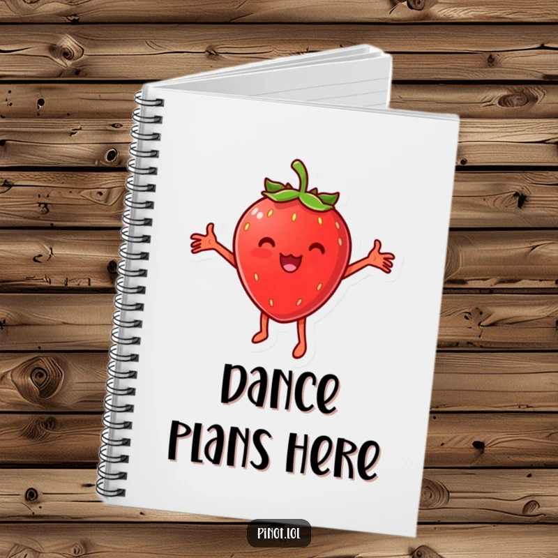 Funny notebook cover with a cheesy strawberry character dancing joyfully, encouraging playful writing and imaginative brainstorming.