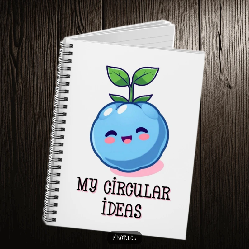 Funny kawaii blueberry character notebook, spinning with joy, ideal for jotting down fun ideas and energetic thoughts.