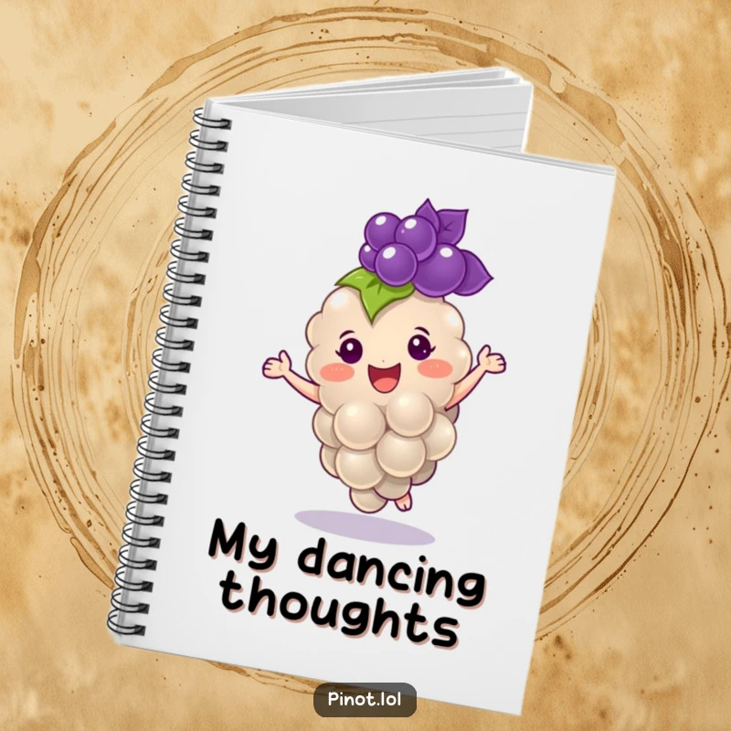 Funny notebook featuring a cheerful, plump grape character with tiny eyes, dancing with delight.