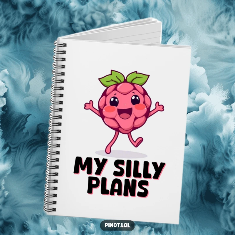 Funny notebook cover with a beaming raspberry character in a silly walk, encouraging playful writing and imaginative brainstorming.