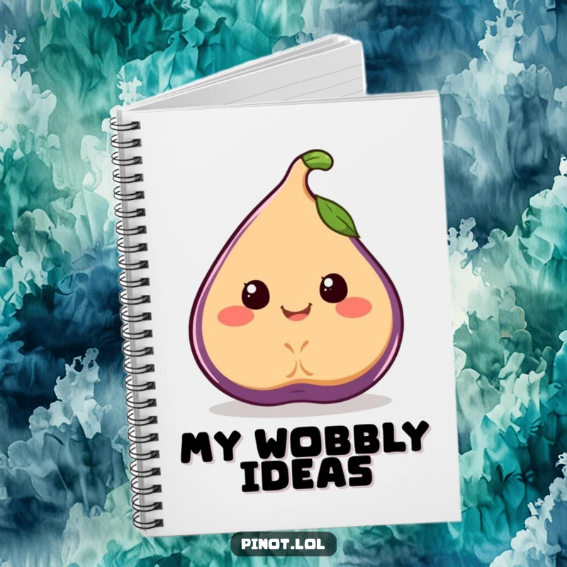 Funny notebook featuring a smiling, juicy fig character with simple eyes, wobbling joyfully.