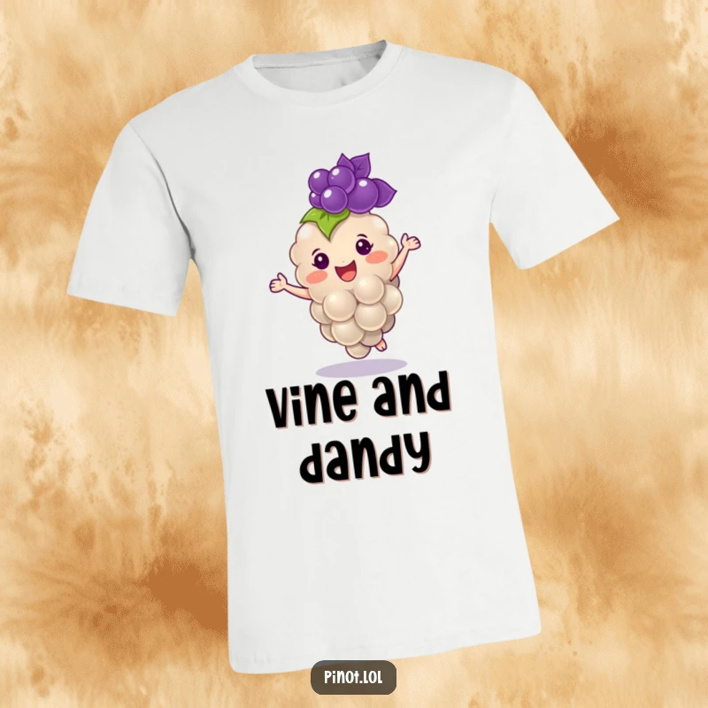 Funny T-Shirt: A cheerful, plump grape character with tiny eyes dancing joyfully.