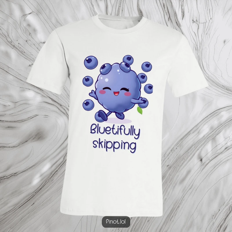 Funny t-shirt displaying a winking blueberry character in mid-skip, with a wide smile and carefree attitude, perfect for casual, cheerful wear.