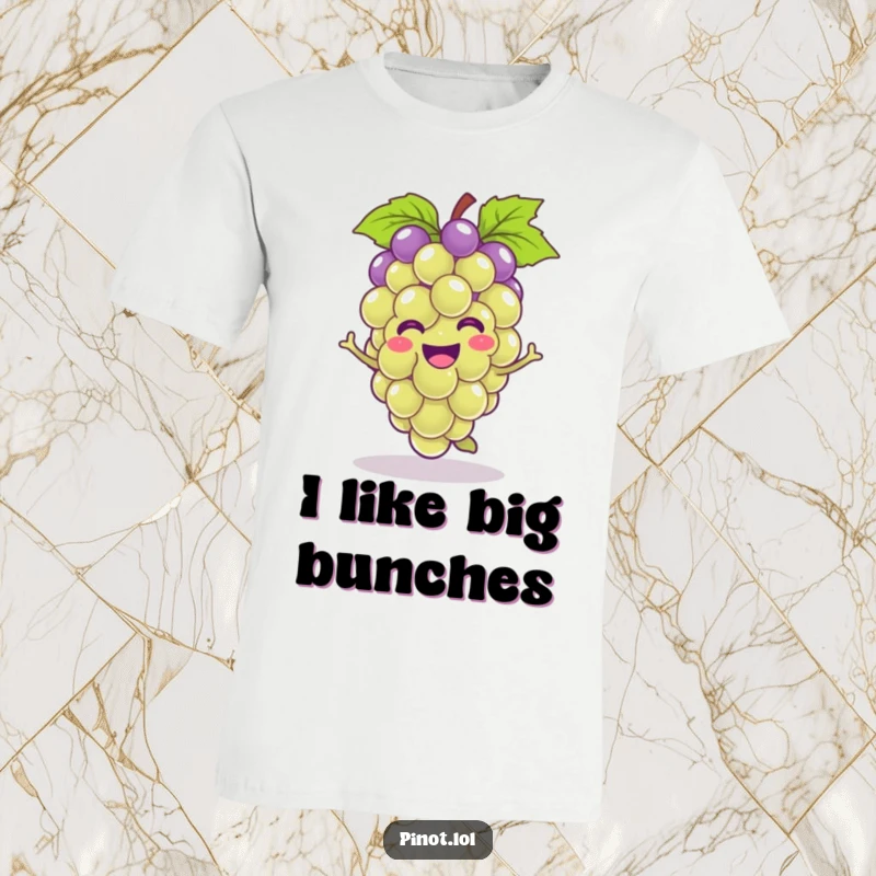 Funny kawaii grape character T-shirt, captured mid-hop with infectious joy, ideal for a humorous clothing gift.