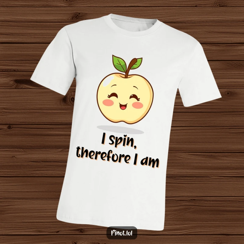 Funny t-shirt showcasing a blushing apple character with simple eyes in a vibrant, excited spinning pose. A burst of pure happiness.