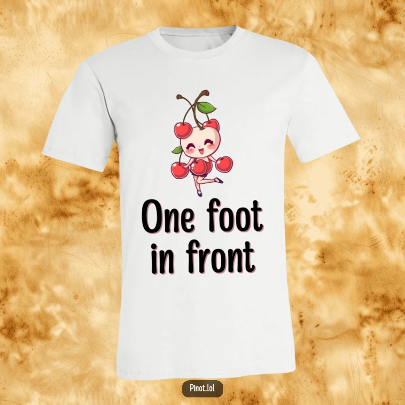 Funny t-shirt with a giggling cherry pair character performing a one-footed balance, radiating playful charm and lighthearted humor.