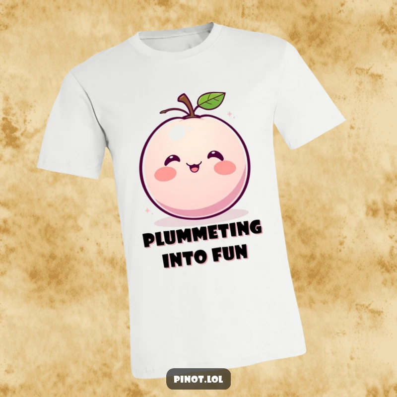 Funny T-Shirt: A blushing, round plum character with small eyes giggling and spinning joyfully.