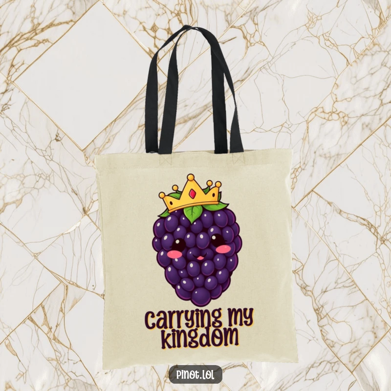 Funny kawaii blackberry character tote bag, elegantly crowned, perfect for carrying treasures and showing off humor.
