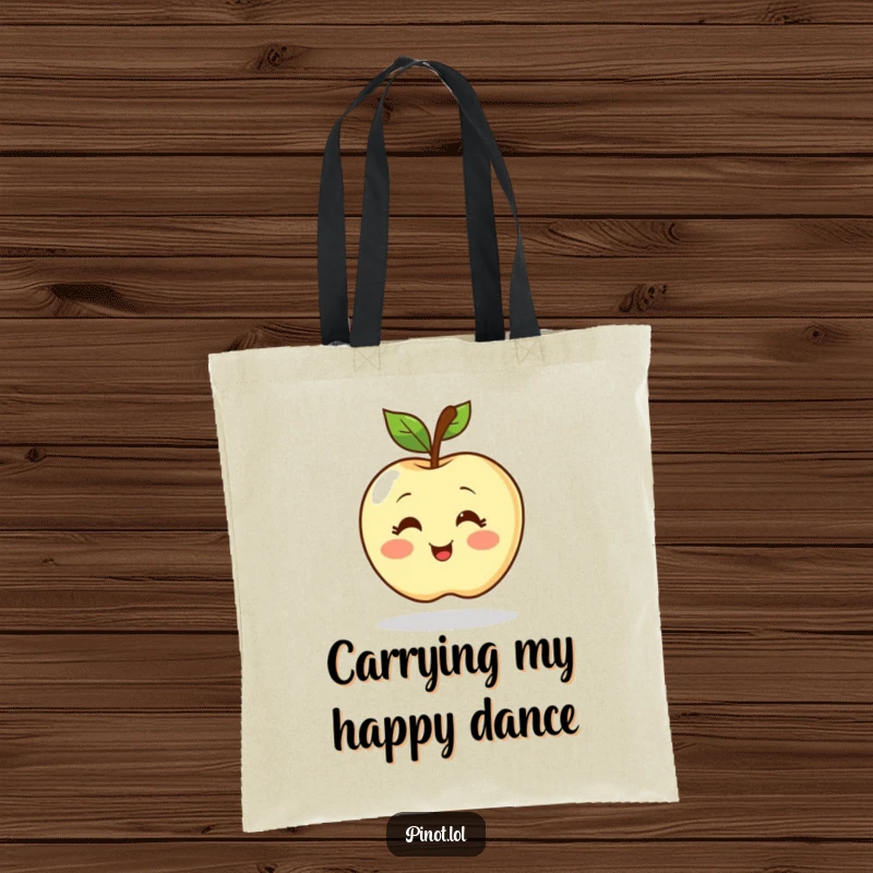 Funny tote bag with a blushing apple character, simple eyes, spinning happily. Perfect for carrying daily essentials with a smile.