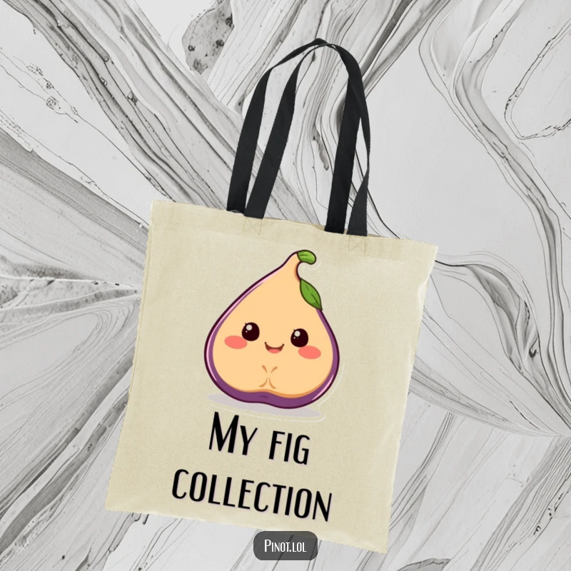 Funny tote bag featuring a smiling, juicy fig character with simple eyes, wobbling joyfully.