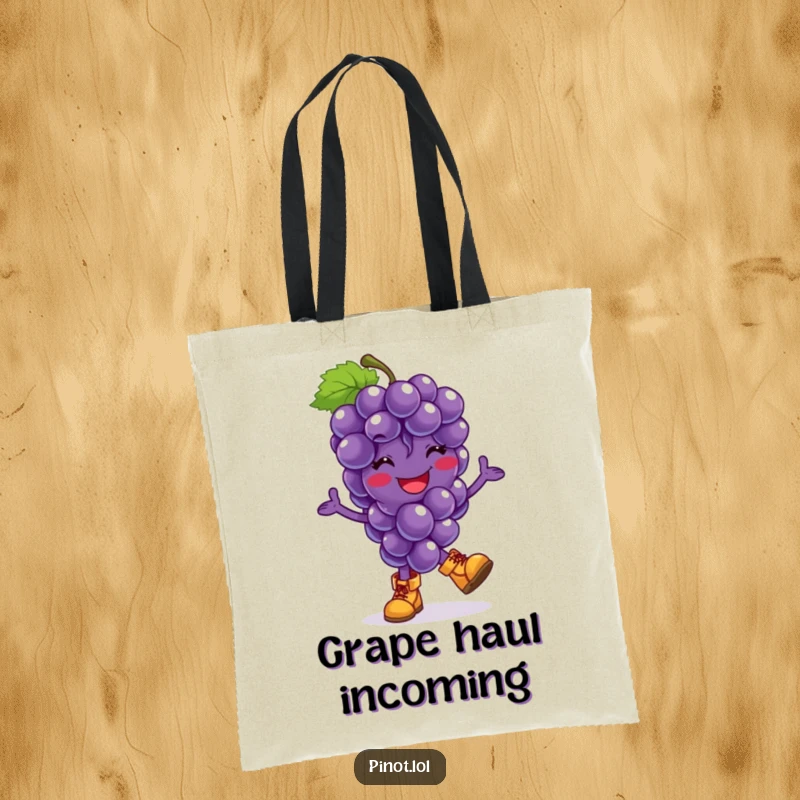 Funny tote bag illustrating a smiling grapes character in miniature boots, mid-hop with infectious enthusiasm, perfect for carrying groceries with glee.