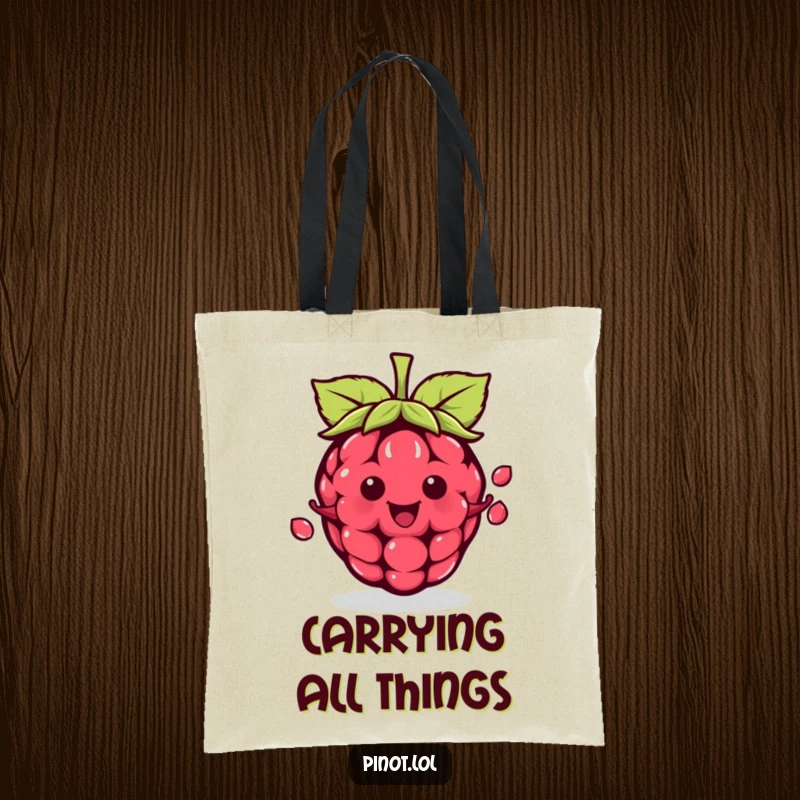 Funny kawaii raspberry character tote bag, juggling seeds with ease, a humorous and practical accessory.