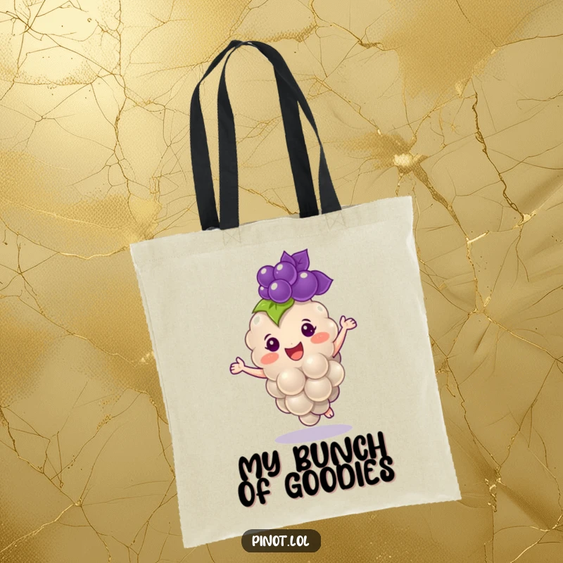Funny tote bag featuring a cheerful, plump grape character with tiny eyes, dancing joyfully.