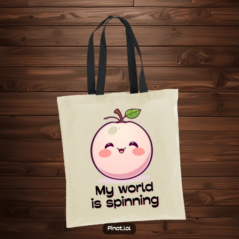 Funny tote bag featuring a blushing, round plum character with small eyes, giggling and spinning happily.